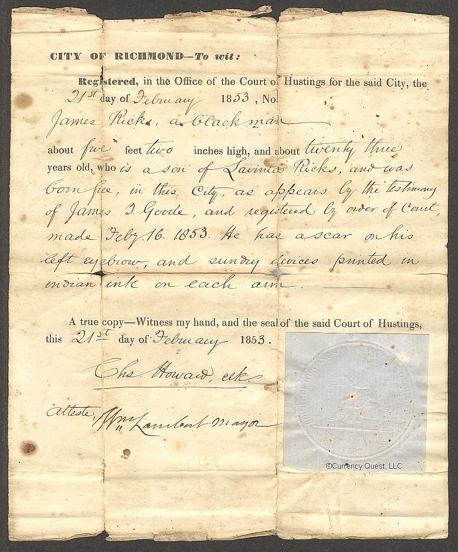 Freeman ID Document, Richmond, Virginia, February 21, 1853